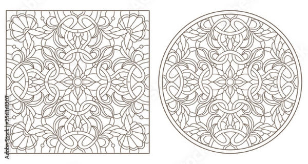 Fototapeta Set of contour illustrations with abstract floral patterns, round and square image, dark contours on white background