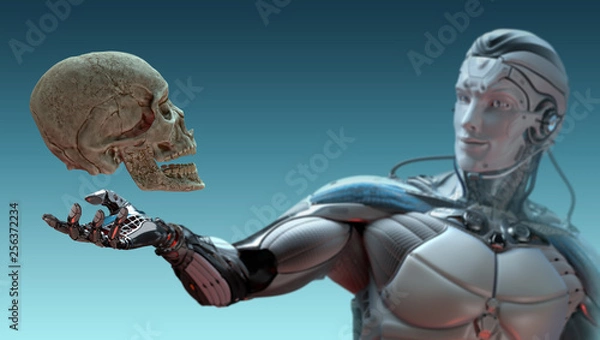 Fototapeta Robot and human skull artificial intelligence concept, 3d render