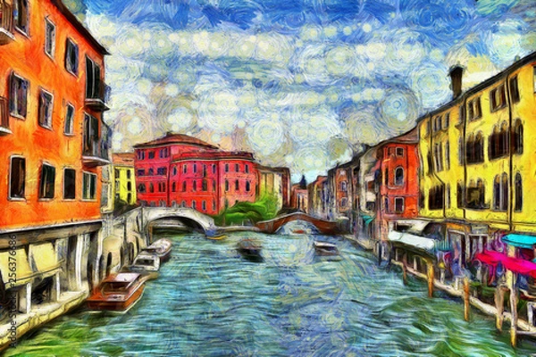 Obraz Venetian canal with moving boats, digital imitation of Van Gogh painting style