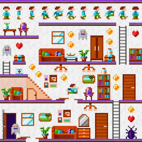 Fototapeta Pixel game interface. Vintage pixel video game. Home level. House level. Pixel interior. Pixel art furniture. Game character action phases