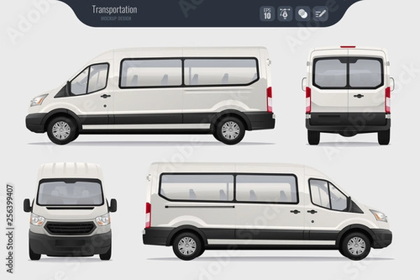 Fototapeta Detailed Cargo Van vector template. Realistic White Cargo Van isolated on grey background. Vector
