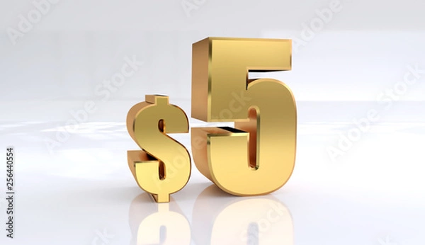 Fototapeta 5 dollar price symbol. red text number 3d render with dollar sign on white background - Illustration