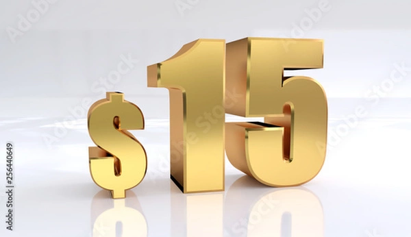 Fototapeta 15 dollar price symbol. red text number 3d render with dollar sign on white background - Illustration