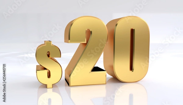 Fototapeta 20 dollar price symbol. red text number 3d render with dollar sign on white background - Illustration