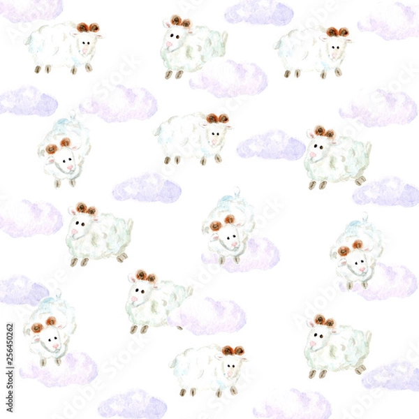 Fototapeta Watercolor sheepsand clouds background