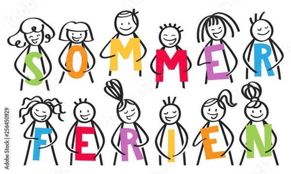 Fototapeta SOMMERFERIEN Gruppe von Strichmännchen halten bunte Buchstaben