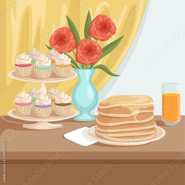 Fototapeta Tasty breakfast on wooden table. Plate with stack of pancakes, glass of fresh orange juice, stand with cupcakes, vase with beautiful red flower. Flat vector design