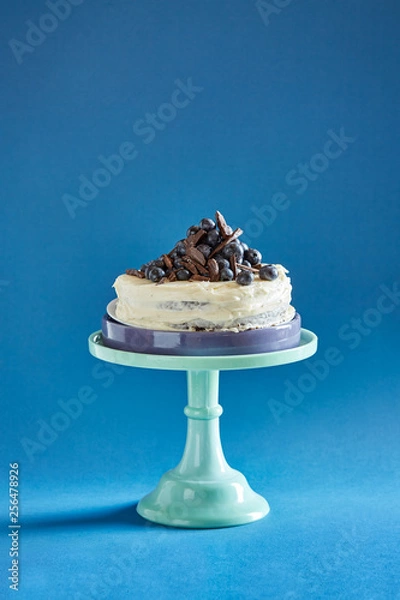 Obraz Blueberry cake on a blue tray on a blue background
