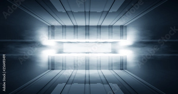Fototapeta Tunnel in blue neon light, underground passage. Abstract blue background. Background of an empty black corridor with neon light. Abstract background with lines and glow