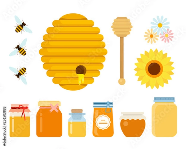 Fototapeta Bee hive, wooden honey spoon, three bees, wildflowers and glass jars with honey of different sizes flat isolated