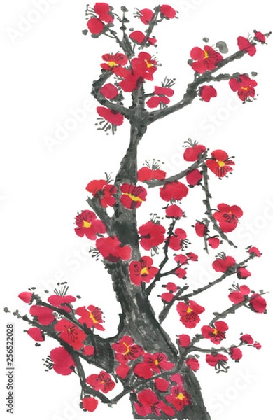 Obraz A branch of a blossoming sakura. Pink and red stylized flowers of plum mei and  wild cherry . Watercolor and ink illustration of tree in style sumi-e, go-hua,  u-sin. Oriental traditional painting. .