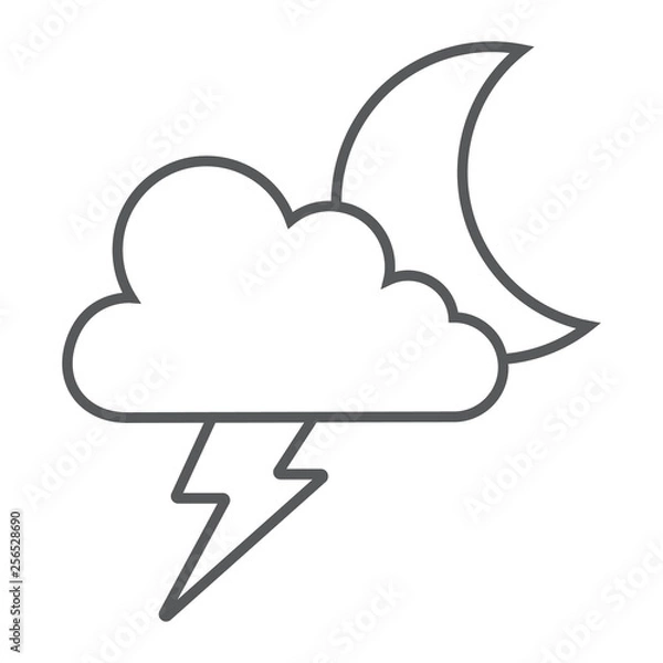 Fototapeta Cloud and lightning thin line icon, forecast and climate, thunder sign, vector graphics, a linear pattern on a white background.