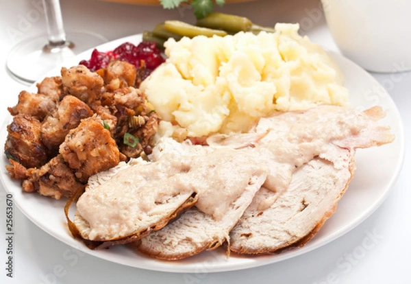 Obraz Sliced turkey breast with mashed potatoes and stuffing