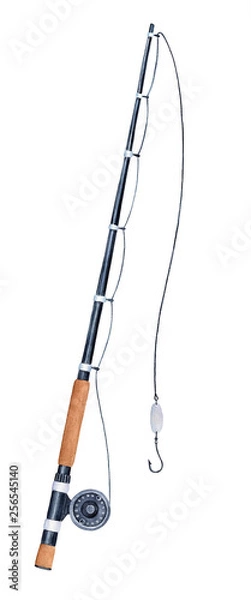 Obraz Fishing rod watercolour illustration. Tool to catch fish. One single object; black, silver, brown colours. Handdrawn water color sketchy painting on white, cutout clipart element for stylish design.
