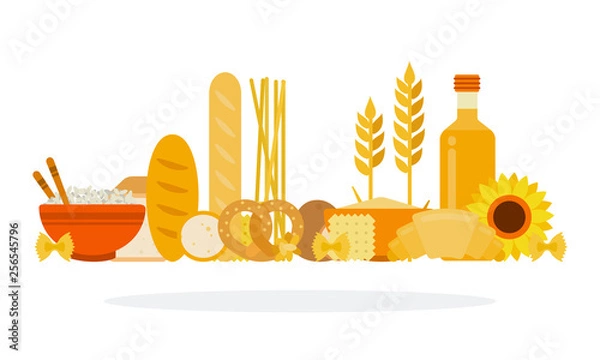 Fototapeta Bakery products and products containing carbohydrates vector flat isolated