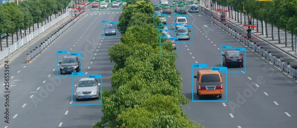Obraz iot smart automotive Driverless car with artificial intelligence combine with deep learning technology. self driving car can situational awareness around the car, letting it navigate itself 360 degree
