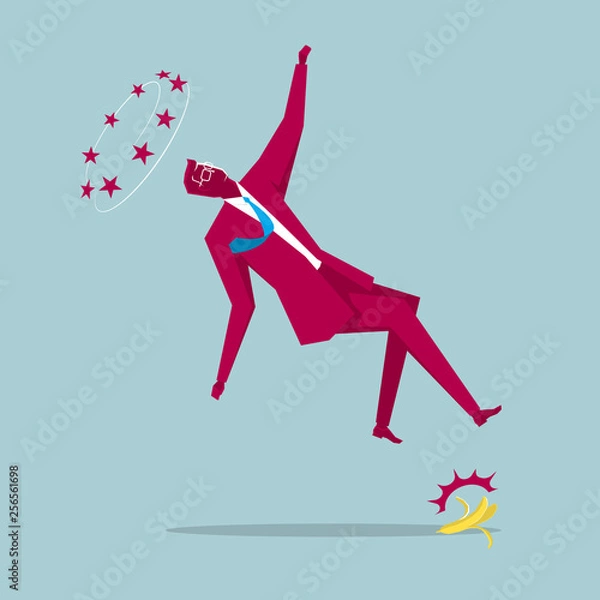 Obraz Businessman stepped on the banana peel.Unfortunately, fell.Isolated on blue background.