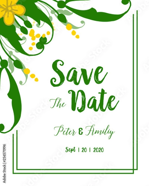 Fototapeta Vector illustration green leafy floral frame with text save the date
