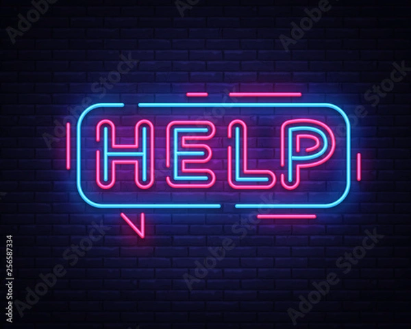 Fototapeta Help neon sign vector. Help Design template neon signboard, light banner, neon signboard, nightly bright advertising, light inscription. Vector illustration