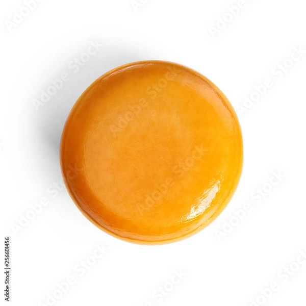 Fototapeta Cheese wheel isolated on white background. Packaging template mockup collection. With clipping Path included. Top overhead view