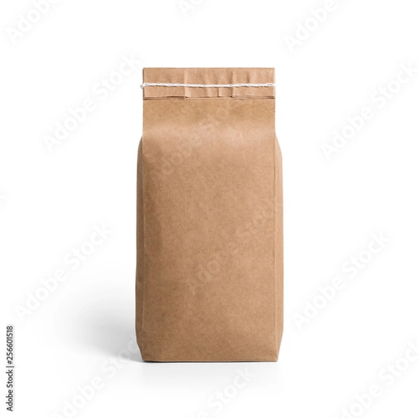 Obraz Brown craft paper bag packaging template with stitch sewing isolated on white background. Packaging template mockup collection. With clipping Path included. Stand-up pouch Back view package