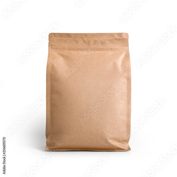 Fototapeta Brown craft paper bag packaging template isolated on white background. Packaging template mockup collection. With clipping Path included. Stand-up pouch Front view package