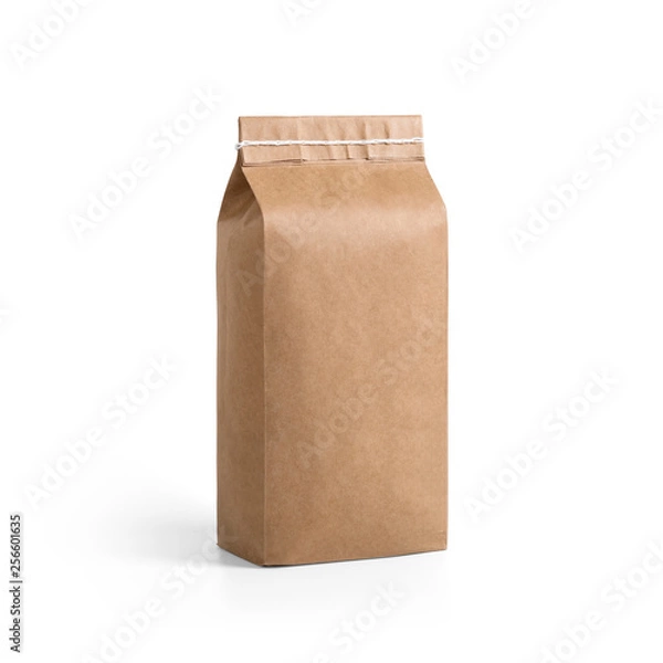Obraz Brown craft paper bag packaging template with stitch sewing isolated on white background. Packaging template mockup collection. With clipping Path included. Stand-up pouch Half side view package
