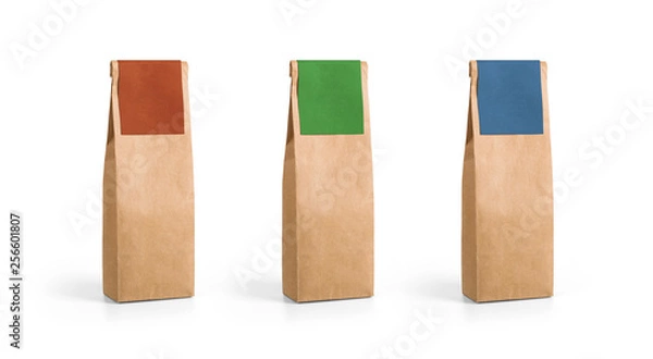 Fototapeta Brown craft paper bag packaging template with color labels isolated on white background. Packaging template mockup collection. With clipping Path included. Stand-up pouch Half side view package