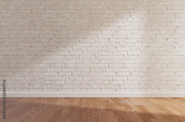 Fototapeta White brick wall and wooden floor, mock up,copy space,3d rendering