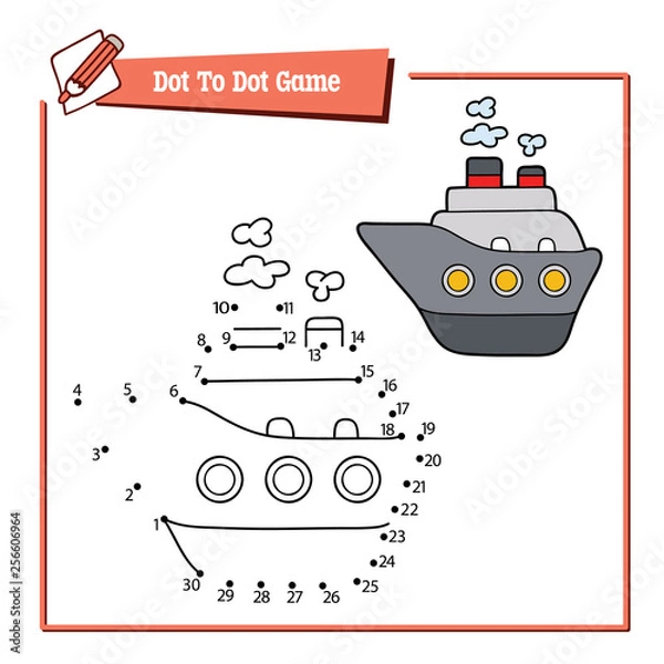 Fototapeta Vector illustration of dot to dot educational puzzle game with happy cartoon ship character for children