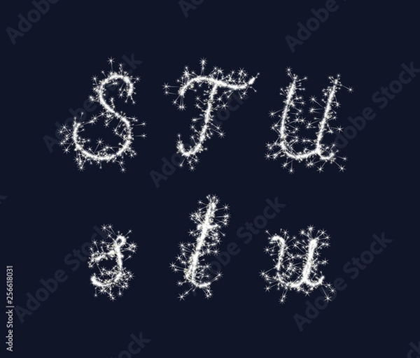 Fototapeta Vector sparkler alphabet font STU letters for birthday and new year