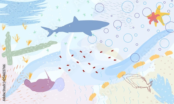 Fototapeta Abstract colorful fantasy underwater. Illustration Semi abstract art. Image of fish in sea. Hand painted, children painting surreal style for background