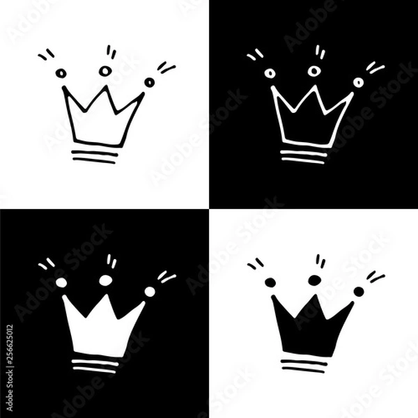 Fototapeta Cute monochrome crown icon set for web sites and apps. Sweet doodle black and white crown icon set. Isolated funny vector crown icon set for various projects.