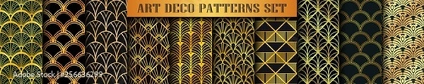 Fototapeta Art Deco Patterns set collection. Golden luxury backgrounds. Fan scales ornaments. Geometric decorative digital papers. Vector line design. 1920-30s motifs