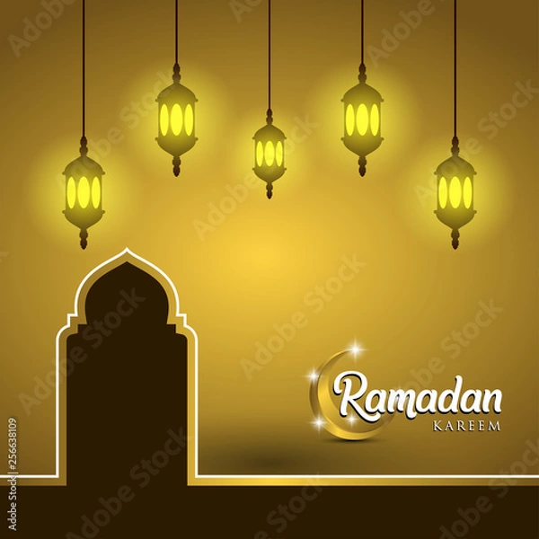 Fototapeta Ramadan kareem greeting card design. with golden ornate crescent and mosque dome. on golden background, EPS 10 - vector, Jpeg High Resolution 300 DPI