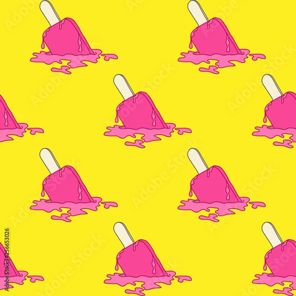 Fototapeta Seamless pattern with pink ice cream dropped and melting on the floor isolated on bright yellow background. Cute popsicle wallpaper. Vector illustration.