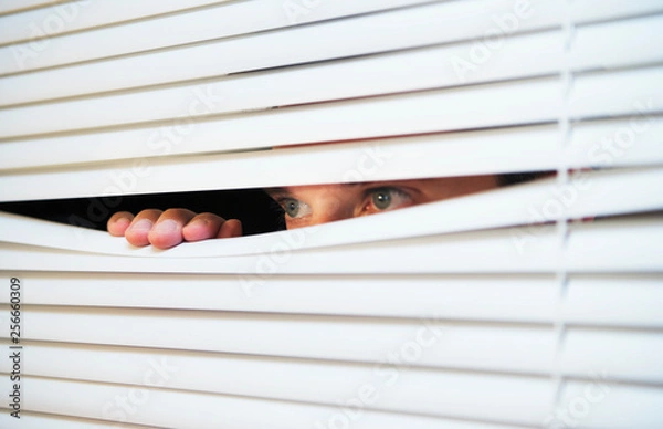 Fototapeta A man looking through slats of blinds