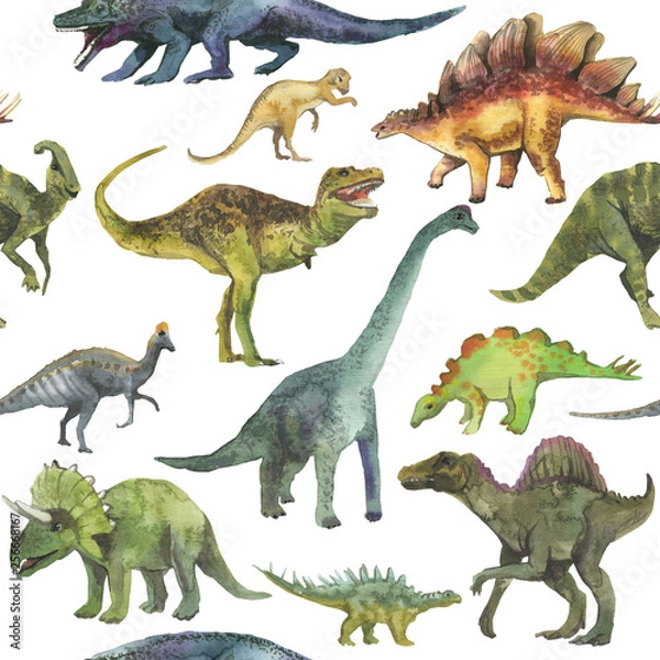 Fototapeta Hand drawn seamless pattern with dinosaurus. Dino pattern realistic. Children boy wallpaper background.