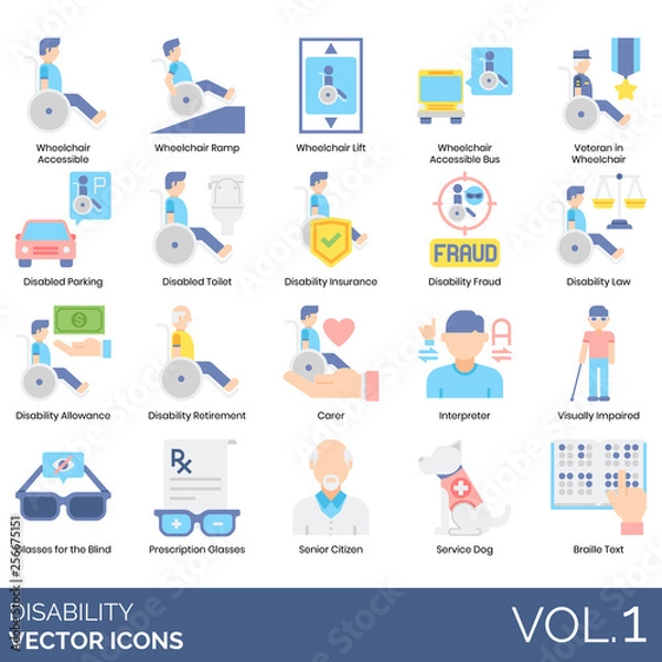 Obraz Disability icons including wheelchair accessible, ramp, lift, bus, veteran, disabled parking, toilet, insurance, fraud, law, allowance, retirement, carer, interpreter, visually impaired, braille text.