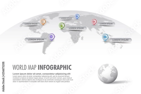 Obraz Light halftone world map infographic template with globe, color icons as data visualization