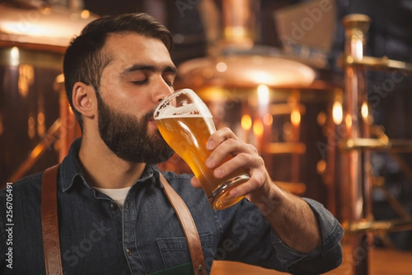 Obraz Bearded male brewer sipping delicious ber from a glass, working at his production brewery. Professional brewer tasting fresh beer at his microbrewery, drinking with his eyes closed. Pleasure concept