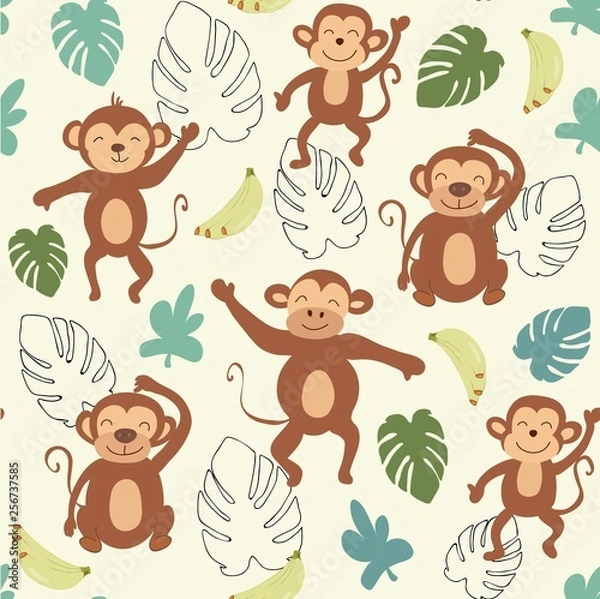 Fototapeta childish jungle texture with monkeys and jungle elements. seamless pattern vector illustration