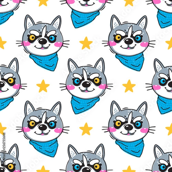 Fototapeta Portrait husky puppys. Dog in a bandana around his neck. Seamless pattern in cartoon style