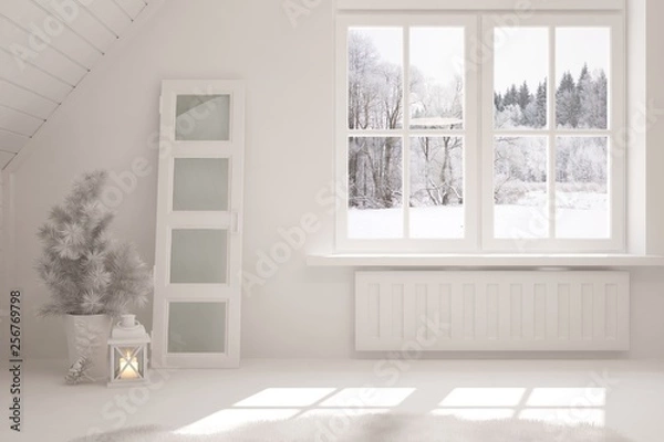 Obraz White stylish empty room with winter landscape in window. Scandinavian interior design. 3D illustration