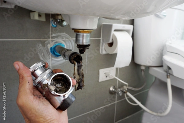 Fototapeta Hand of Plumber holding joints and connections of Basin or sink in a bathroom, Clearing a Clogged Bathroom Sink in a bathroom for unclog a Sink.	