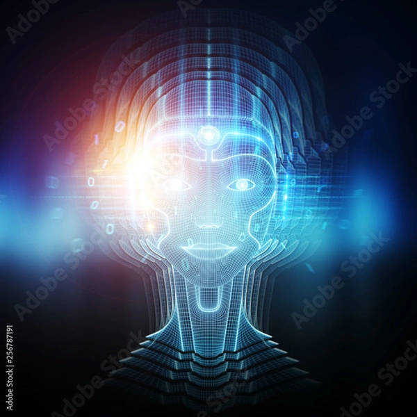 Fototapeta Robot cyborg head artificial intelligence learning 3D rendering