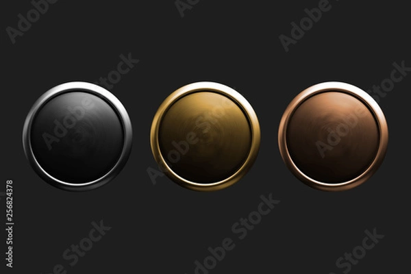 Fototapeta A set of metallic knobs or buttons in silver, gold and bronze colors, on a dark gray background