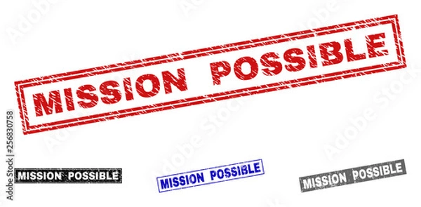 Fototapeta Grunge MISSION POSSIBLE rectangle stamp seals isolated on a white background. Rectangular seals with grunge texture in red, blue, black and grey colors.