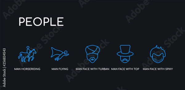 Fototapeta 5 outline stroke blue man face with spiky hair, man face with top hat, man face with turban and beard, flying, horseriding icons from people collection on black background. line editable linear thin