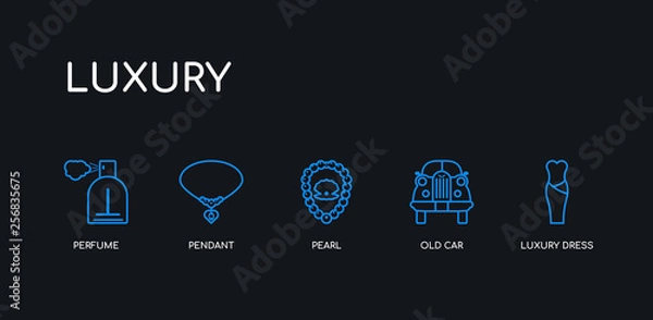 Fototapeta 5 outline stroke blue luxury dress, old car, pearl, pendant, perfume icons from luxury collection on black background. line editable linear thin icons.